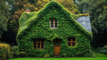 Fototapeta premium Leaf-covered house stands as a symbol of eco-friendly living, representing the integration of nature into home life.