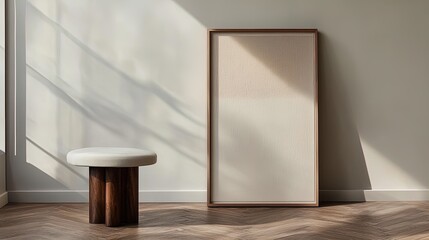 Fototapeta premium Elegant Stool Set Against Minimalist Artwork: Perfect as a Poster for Modern Interiors Featuring Herringbone Floors & Light Gray Walls