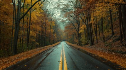 Obraz premium Empty road through an autumn forest with yellow leaves on the ground and a wet, asphalt road.