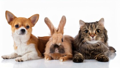 Obraz premium 犬と猫とウサギのポートレート（Group of dog and cat and rabbit portrait white background） 