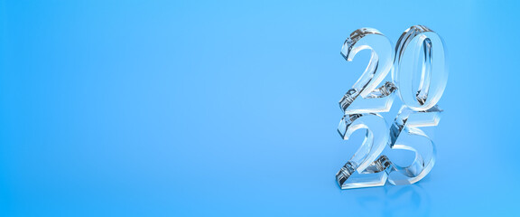 Acrylic digits 2025 on blue background. Happy new year 2025 concept. Web banner format
