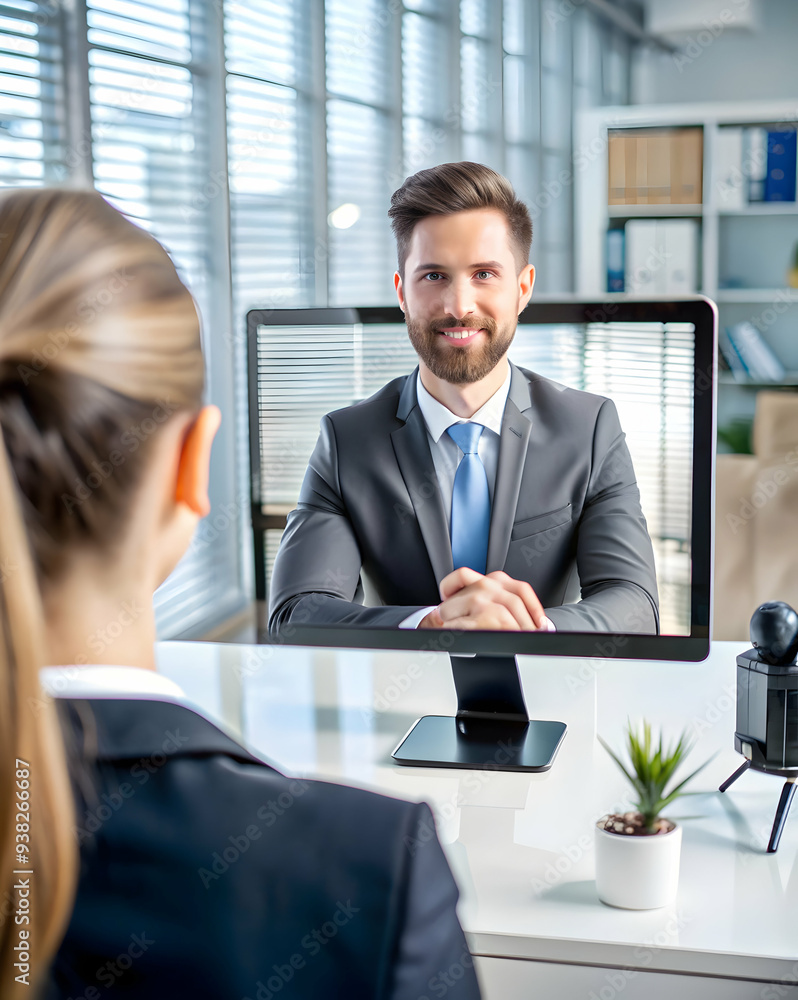 Poster streamlined virtual interview setup in modern tech-savvy environment for remote recruitment and tale