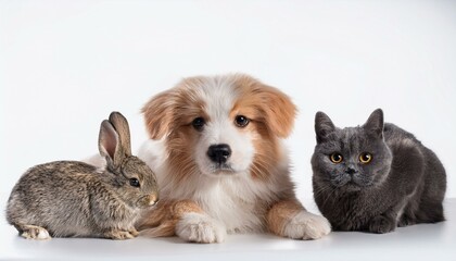 Obraz premium 犬と猫とウサギのポートレート（Group of dog and cat and rabbit portrait white background） 