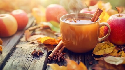 A steaming mug of hot apple cider with cinnamon sticks and star anise, surrounded by apples and autumn leaves on a rustic wooden table.

