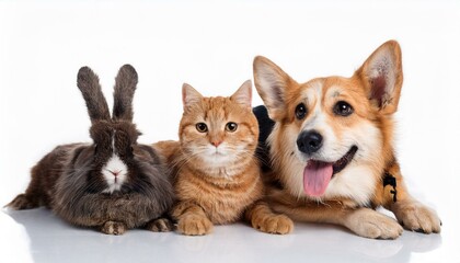 Obraz premium 犬と猫とウサギのポートレート（Group of dog and cat and rabbit portrait white background） 