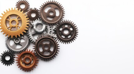 A cluster of metallic gears, perfect for steampunk or mechanical themes, metallic gears, clipart, white background