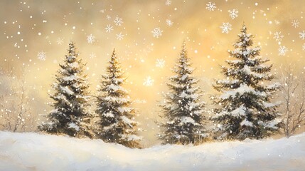 Obraz premium Enchanting Winter Scene: Trio of Evergreen Trees in Fresh Snow with Golden Light—Perfect for a Cozy Sports Interior Poster