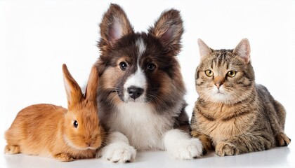 Fototapeta premium 犬と猫とウサギのポートレート（Group of dog and cat and rabbit portrait white background） 