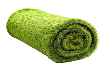 Vibrant green artificial turf roll on PNG cutout transparent background. lush texture and realistic grass-like appearance for landscaping or sports surfaces.