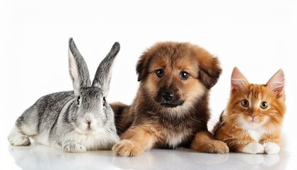 Obraz premium 犬と猫とウサギのポートレート（Group of dog and cat and rabbit portrait white background） 
