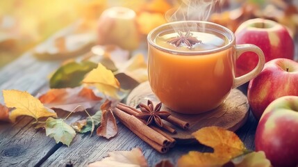 A steaming mug of hot apple cider with cinnamon sticks and star anise, surrounded by apples and autumn leaves on a rustic wooden table.

