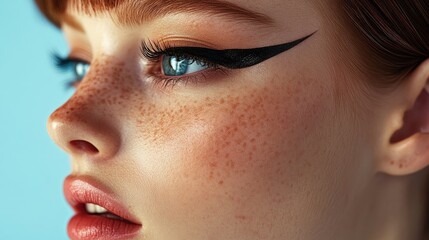 Model beauty portrait features daring graphic eyeliner, creating a modern and high-impact makeup look.