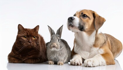 犬と猫とウサギのポートレート（Group of dog and cat　and rabbit portrait white background）
