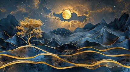 3D Night Landscape Mural with Golden Tree and Waves. AI generated illustration