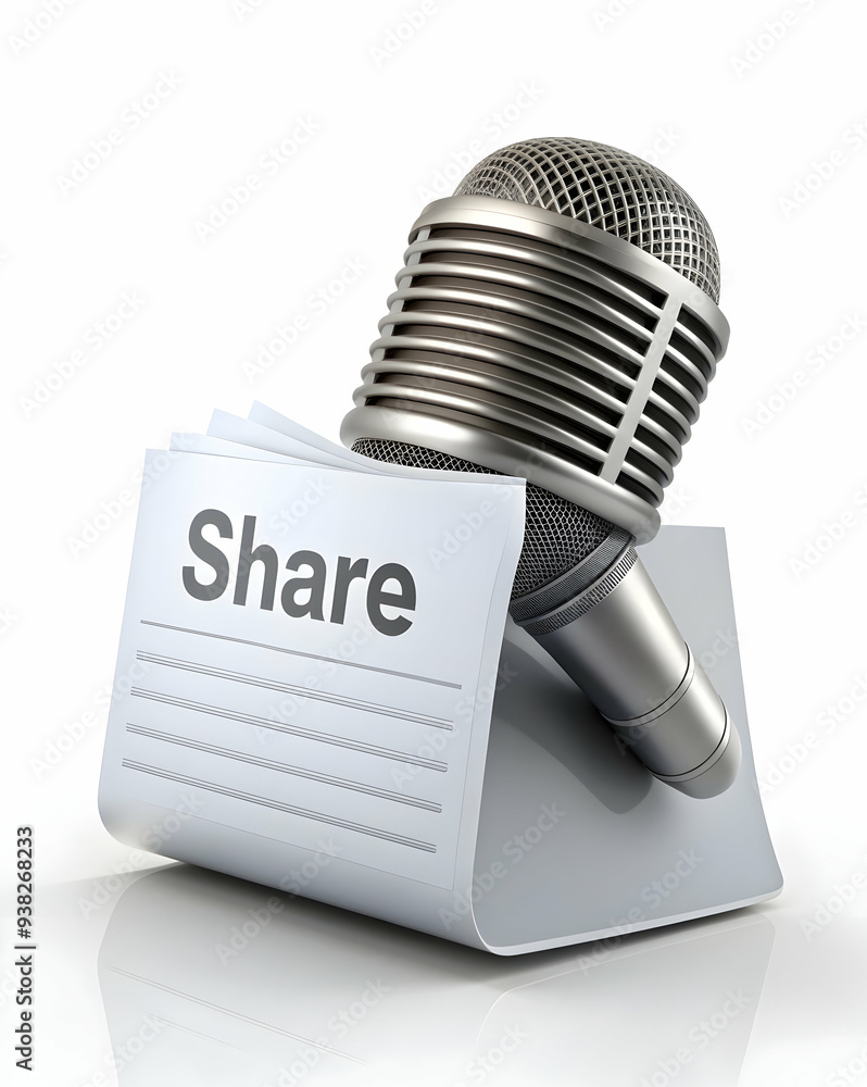 Poster microphone and document icons for idea sharing in virtual meetings on white background - modern desi