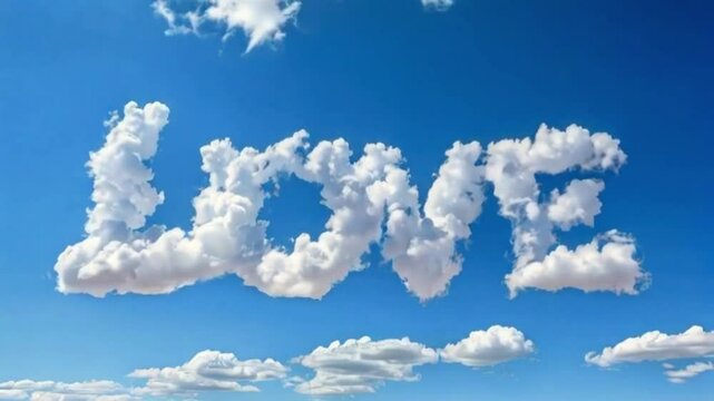 The Word LOVE Made of Clouds in a Clear Blue Sky: Romantic and Dreamy Aerial Scene