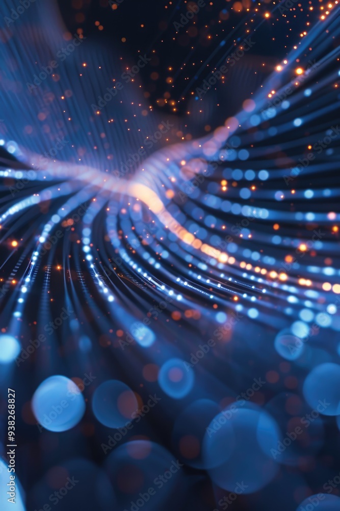 Poster Spiral pattern of blue and orange lights on a black background, suitable for use in technology or abstract design concepts