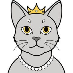 Regal Grey Cat with Crown and Necklace