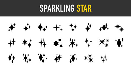 Sparkle icons set. Twinkle stars collection. Shine star icon. Effect shine, glitter, twinkling and clean. Star sparkle. Vector illustration. Hand drawn sketch doodle style. Shining flash symbols.