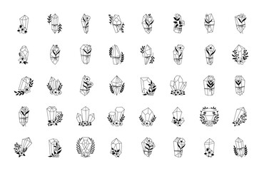 Aesthetic magic crystals collection. Celestial crystals, flowers and magic elements isolated set. Hand drawn vector illustration in boho style.