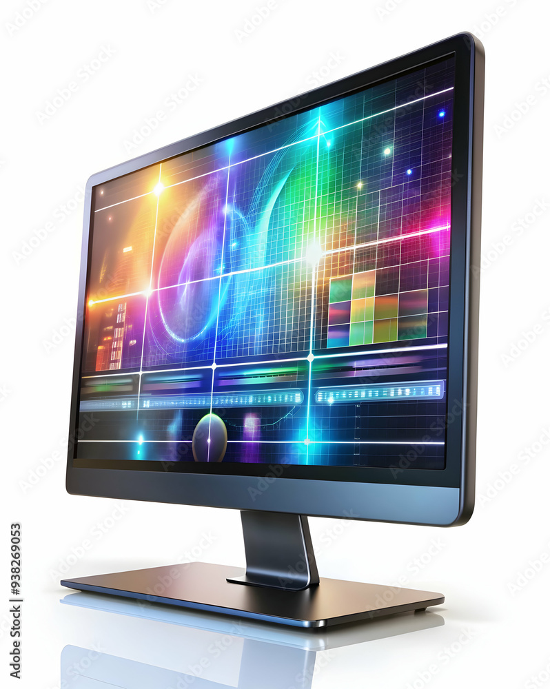 Poster modern monitor with holographic workflow tools isolated on white background. perfect for virtual mee