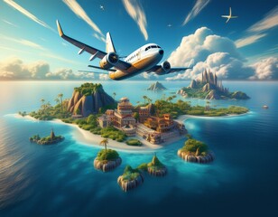Obraz premium Whimsical Airplane Flight over Exotic Islands with Unique Landmarks and Attractions