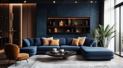 Sleek dark blue living room with chic dcor, offering a refined and comfortable atmosphere.