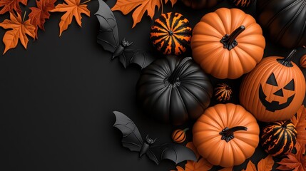 A festive arrangement of pumpkins and bats, embodying the spirit of Halloween with vibrant colors and seasonal foliage.