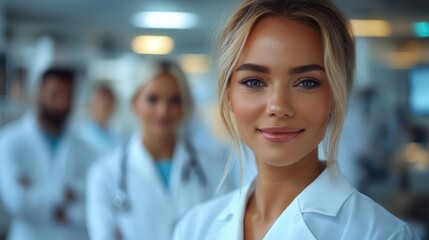 Fototapeta premium diverse group of doctors collaborative atmosphere modern hospital backdrop confident expressions advanced medical technology visible