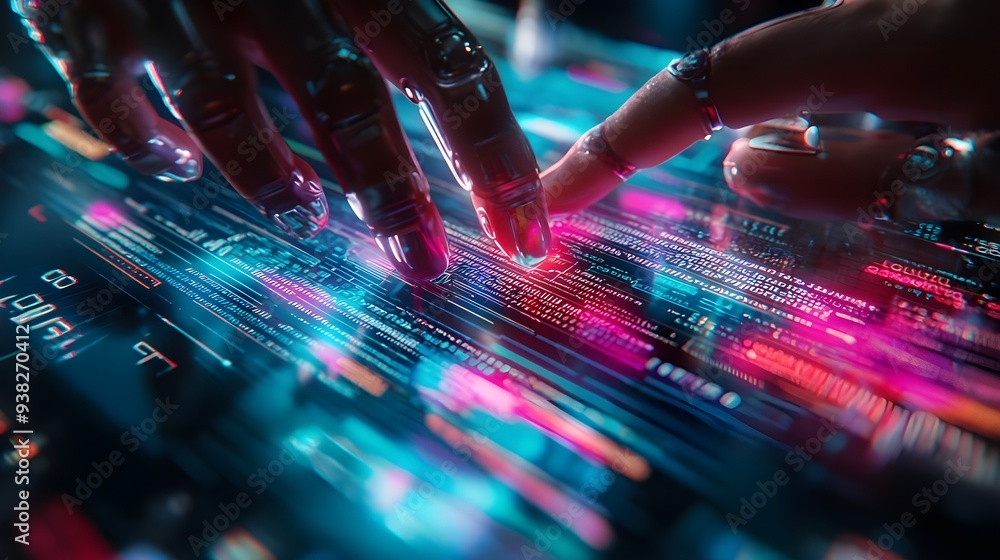 Poster a close-up shot of a human finger and a robotic finger interacting with a transparent touch screen d