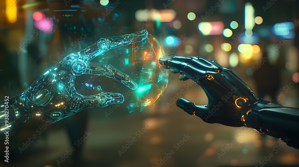 Poster a high-tech scene featuring a holographic interface being interacted with by a human hand and a robo