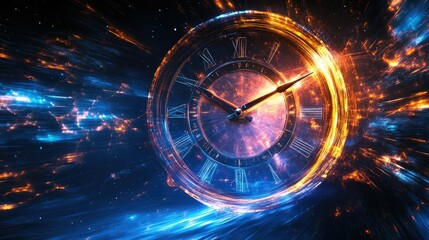 Fototapeta premium Surreal abstract clock ticking in space, with vibrant light trails representing the passage of time.