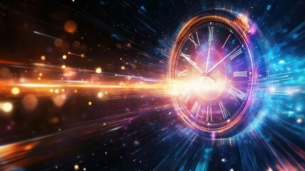 Obraz premium Surreal abstract clock ticking in space, with vibrant light trails representing the passage of time.