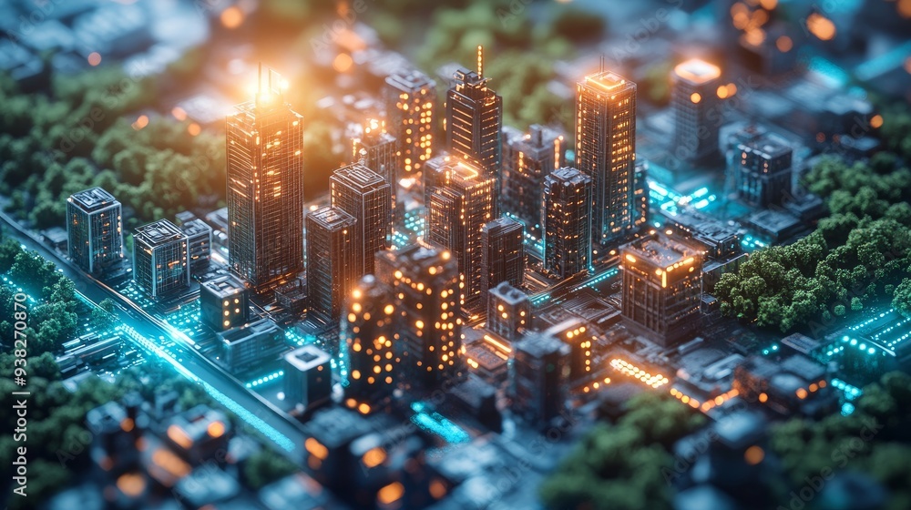 Wall mural a digital futuristic city miniature model