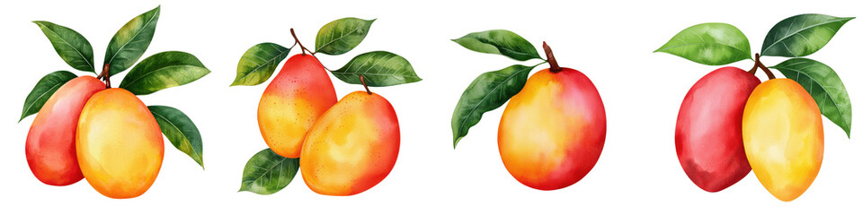 Colorful watercolor mango illustrations featuring vibrant shades and lush green leaves, perfect for fresh summer designs.
