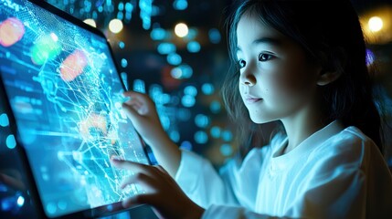 A student using an AI-powered learning platform on a tablet, featuring personalized lessons and progress tracking tailored to their learning style.