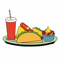 Fast Food Platter Hot Dogs, Nachos, and Soda on White Background