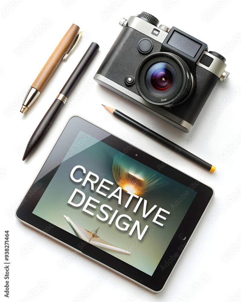 Poster creative tablet and stylus setup on white background emphasizing design tools for workspace flexibil