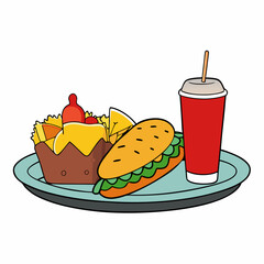 Fast Food Platter Hot Dogs, Nachos, and Soda on White Background