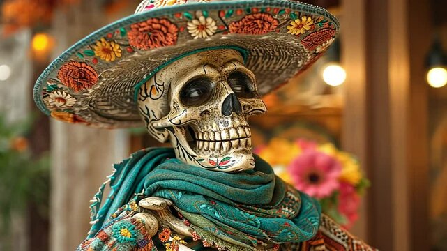 A skeleton donning a sombrero from Mexico