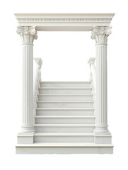 Fototapeta premium Elegant white marble staircase framed by Corinthian columns and an ornate entablature on PNG cutout transparent background.