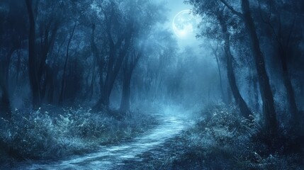 Naklejka premium A mysterious, moonlit path through an ancient, fog-covered forest, evoking a sense of magic and wonder.