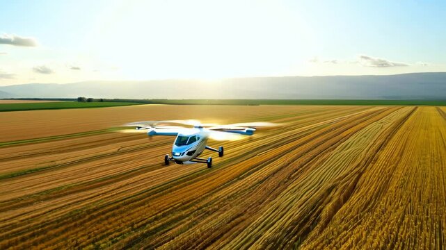 Autonomous passenger aircraft is flying low over a wheat field at sunset