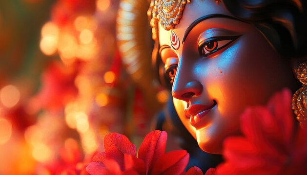 Goddess Durga, in resplendent attire, an indian goddess statue with blur background
