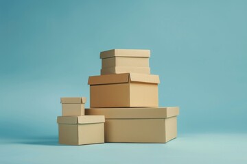 Fototapeta premium Stacked Cardboard Boxes on Blue Background – Packaging, Storage, and Organization Concept