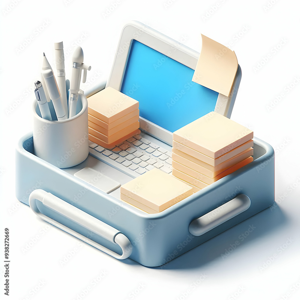 Poster 3d desk tray and sticky notes vector image for home office organization and productivity