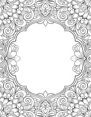 Ornate black outline floral frame template for invitation, banner, wedding design with copy space on white background