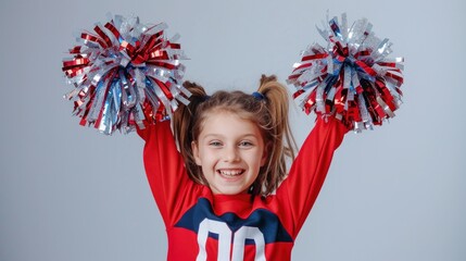 Young cheerleader with red, silver, and black pom-poms, displaying enthusiasm