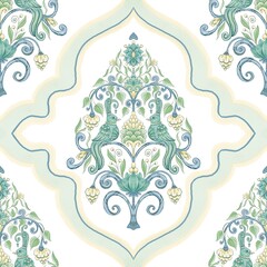 Antique victorian style pattern with floral motif and birds in Indian style, green and yellow shades