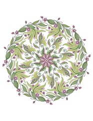 Colorful circular floral mandala illustration clipart isolated on white background, ethnic meditative design for yoga studio